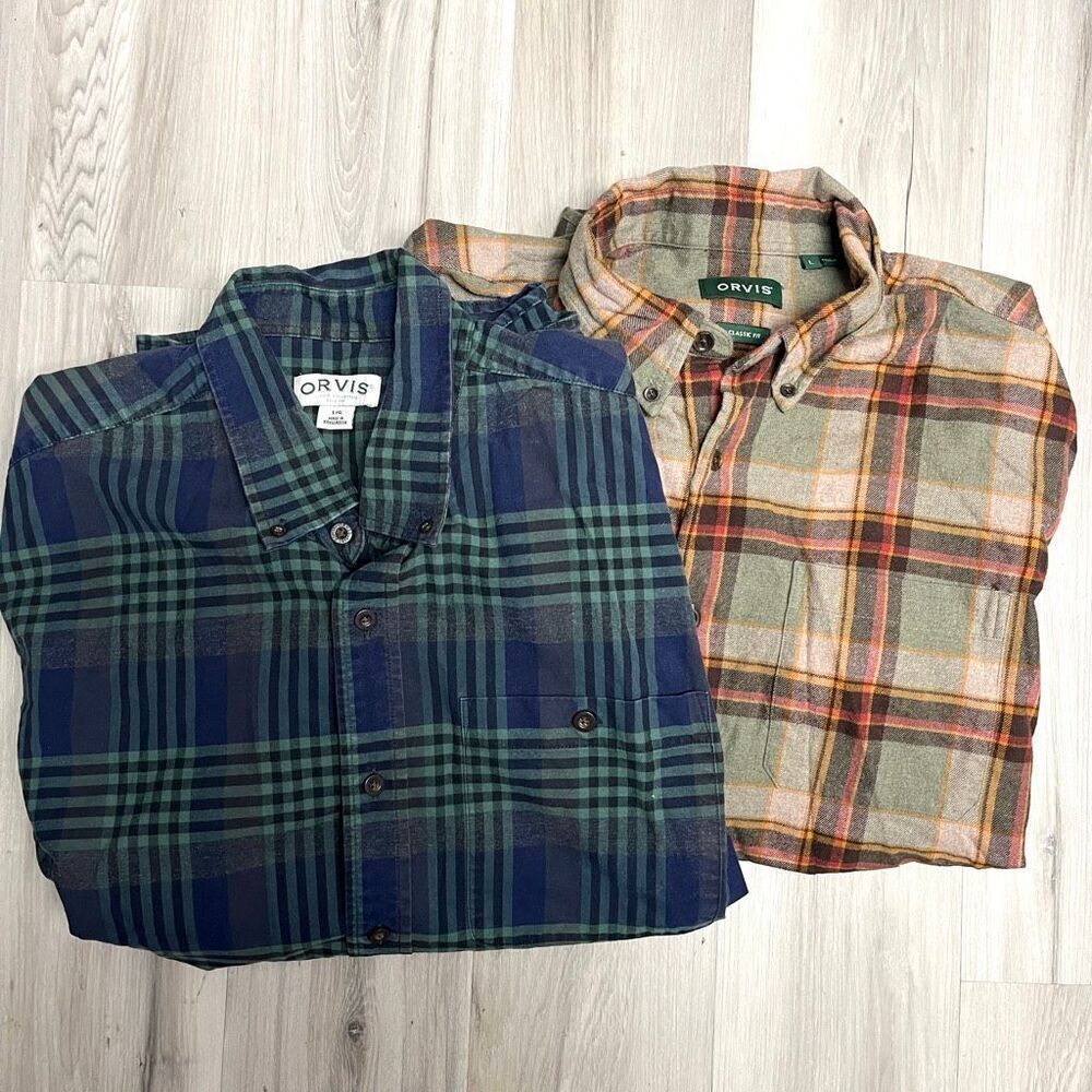 Lot‎ Set of 2 Orvis Plaid Classic Fit Long Sleeve Button Down Flannel Shirts L